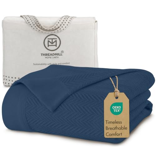 Threadmill 100% Pure Cotton, Twin Size Folkstone Blanket - Herringbone Pattern, Lightweight, Soft & Cozy Premium Fall Throw Blanket for All Seasons, 350GSM & 68x92 with Free Tote Bag