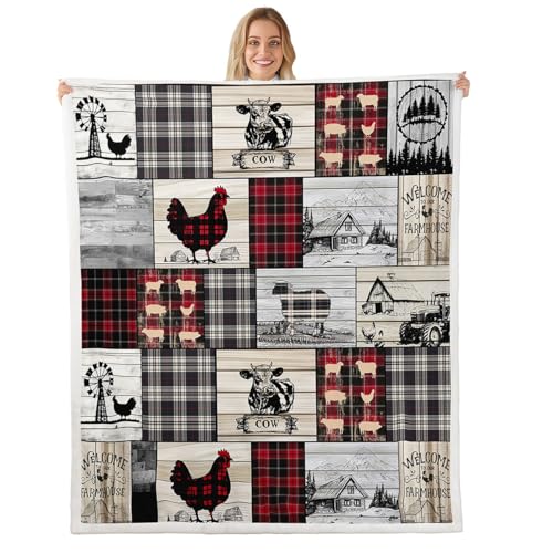 "Rustic Farm Animal Fleece Bed Blanket Throw 50""X60"" Retro Buffalo Plaid Farmhouse Cabin Throw Blanket Country Sheep Chicken Cow Print Sherpa Blanket,Grid Windmill Flannel Blanket Red Black Grey"