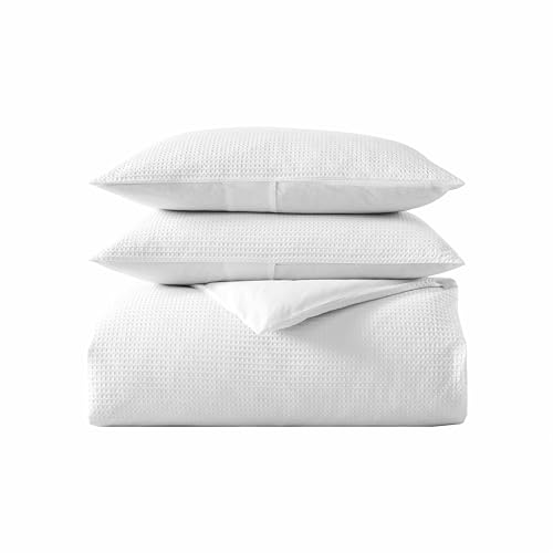 Vera Wang - King Duvet Cover Set, Luxury Cotton Bedding with Button Closure, Includes Matching Shams (Waffle Pique White, King)