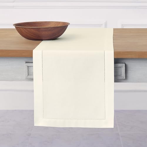 Solino Home Cotton Linen Dining Table Runner Ivory Hemstitch, 14 x 72 in - for coffee, dresser, dining table, decor, machine washable, indoor outdoor, gift - Fall, Thanksgiving, Halloween, Christmas