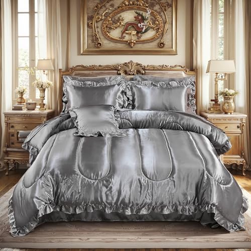 Satin Comforter Set with Sheet Set Queen 8 Pieces Silk Like Grey Bedding Silky Ruffle Pattern Luxury Silky Comforter Set with 1 Cushion Cover