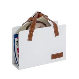 HAKU portable Magazin rack, metal, white, brown faux leather handles – Dimensions: W 35 x H 38 x D 10 cm, Style: Modern