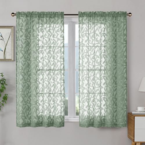 OWENIE Leyna Sage Green Sheer Curtains 54 Inch Length 2 Panels Set, Soft Airy Clip Jacquard Light Filtering Curtains for Bedroom Living Room, Elegant Leaf Textured Window Drapes, 40Wx54L Inches