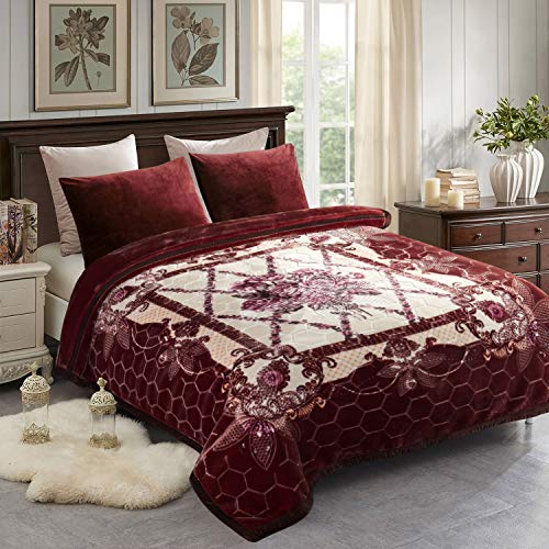 JML 10 Pounds Heavy Plush Soft Blankets for Winter, Korean Style Mink Velvet Fleece Blanket - 2 Ply A&B Printed Raschel Red Blanket, Dark Purple Floral
