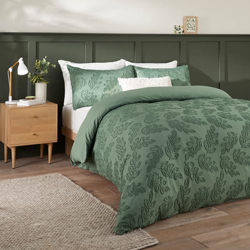 Duvet Day Seville Leaf Duvet Cover Set – Tufted Soft Touch Leaf Design with Easy-Care Finish (Green - Super King)