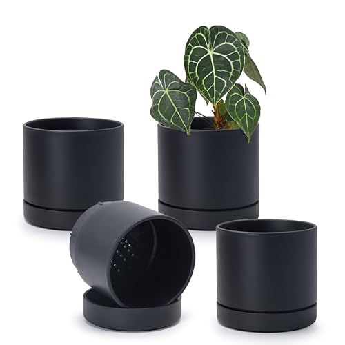 Phoenix Vine 6 Inch Planter Pot with Drainage Hole & Saucer, Deep Water Catch Tray, Straight Cylindrical Round Pot for Plants, Matte Black, Pack of 4, 23-C-S-4