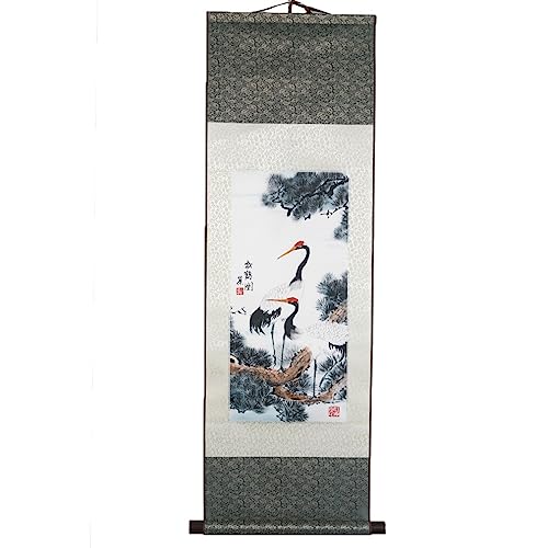 Lachineuse Kakemono Japanese Cranes Wall Tapestry - 100 x 30 cm - Grey - Living Room, Bedroom, Home Office Decor