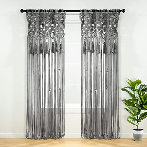 "Lush Decor Boho Macrame Tassel Cotton Window Curtain/Room Divider/Wedding Backdrop/Wall Decor, 84"" L x 50"" W, Gray"