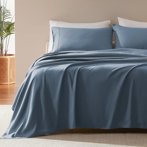 "SLEEP ZONE Super Soft Cooling Queen Bed Sheets Set 4 Piece - Easy Care Fitted Flat Sheet & Pillowcase Sets - Wrinkle Free, Fade Resistant, Deep Pocket 16"" (Flint Blue, Queen)"