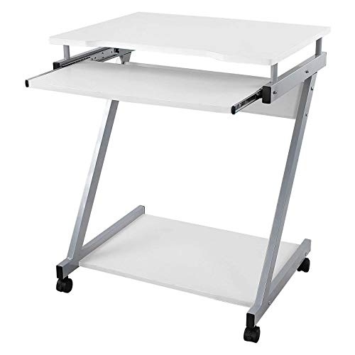 VASAGLE Computer Desk Mobile, Writing Desk Z-Shaped, PC Table for Small Spaces, Workstation whit Sliding Keyboard 4 Wheels, Easy Assembly, for Home Office White LCD811W