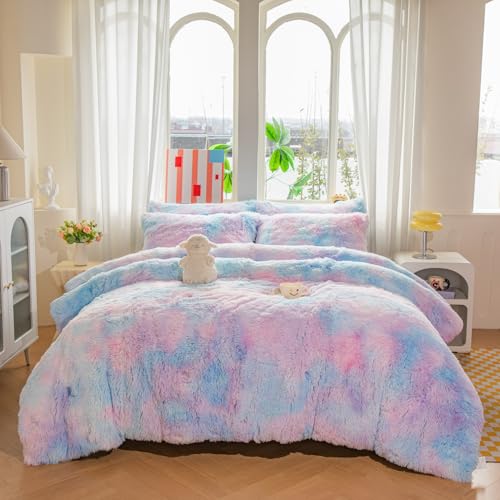 chovy Faux Fur Plush Tie-Dyed Blue Comforter Sets King - Ultra Soft Shaggy Flannel Velvet Fluffy Fuzzy 3PC Bedding Set ???Comforter x 1 Pillowcases x 2???