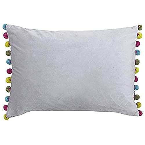 "Riva Paoletti Fiesta Rectangular Feather Filled Cushion Silver-Multicoloured Pompom Edges-Faux Velvet Fabric-Discreet Zip Closure-100 Case (14"" x 20"" inches), Polyester, Dove/Multi, 35 x 50cm"