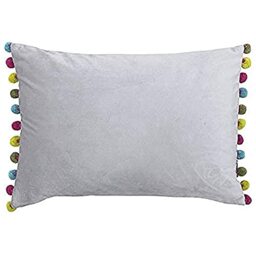 "Riva Paoletti Fiesta Rectangular Feather Filled Cushion Silver-Multicoloured Pompom Edges-Faux Velvet Fabric-Discreet Zip Closure-100 Case (14"" x 20"" inches), Polyester, Dove/Multi, 35 x 50cm"
