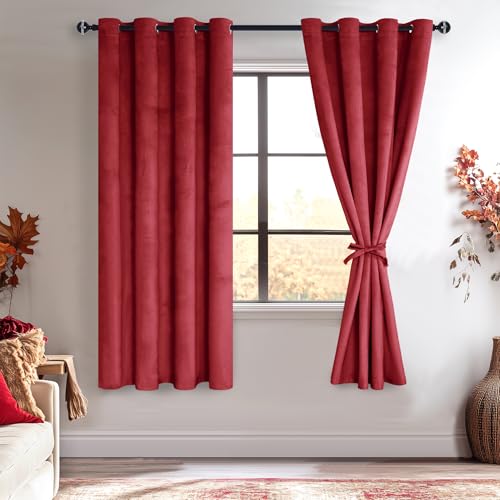 JIUZHEN Wine Red Velvet Curtains 72 inches Blackout Curtains for Living Room - Privacy Protect Room Darkening Grommet Thick Velvet Window Drapes for Bedroom, Set of 2 with Tiebacks, 52W x 72L