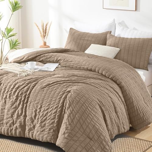AveLom Taupe Seersucker Twin Comforter Set (68x90 inches), 2 Pieces-100% Soft Washed Microfiber Lightweight Comforter with 1 Pillowcase, All Season Down Alternative Comforter Set for Bedding