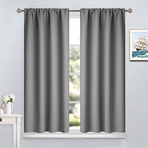 Yakamok Grey Rod Pocket Blackout Curtains 45 inches Long for Bedroom - Room Darkening Thermal Insulated Window Treatment Drapes for Living Room,38W x 45L Inch,2 Panels