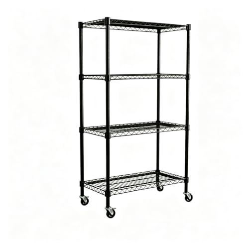 "MEGAWISE 4-Tier Black Wire Shelf with Wheels, Adjustable Metal Storage Rack for Home Garage Kitchen Pantry, 35.71"" D x 17.99"" W x 66.54"" H"