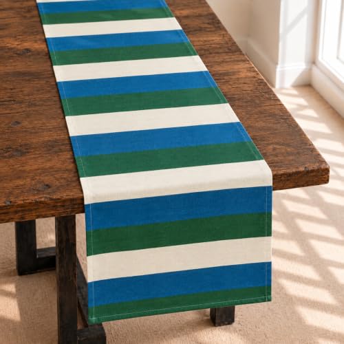 Folkulture Table Runner 72 Inches Long - Horizontal Striped Home Decor - 100% Cotton Long Table Runner for Christmas Decor - Blue, Green & White - Wash Friendly
