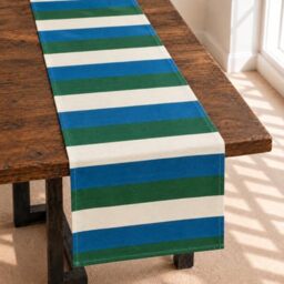 Folkulture Table Runner 72 Inches Long - Horizontal Striped Home Decor - 100% Cotton Long Table Runner for Christmas Decor - Blue, Green & White - Wash Friendly
