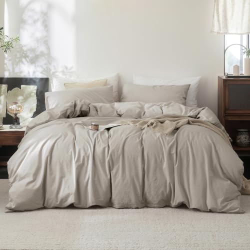 FOSSA Duvet Cover Set 100% Washed Cotton Linen Feel Super King - Super Soft Breathable Lightweight & All Season Bedding Set with Hidden Zipper & 8 Corner Ties (Beige Gray)