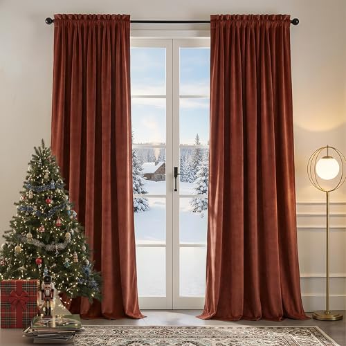 Nemia Rust Burnt Orange Velvet Curtains Thermal Insulated Blackout Curtain for Bedroom Window Living Room Darkening Luxury Vintage 96 Inches Long Heavy Drapes Panels Rod Pocket Set of 2