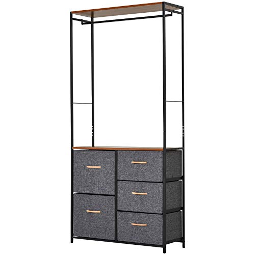 HOMCOM Chest of Drawers with Coat Rack Steel Frame 5 Drawers Black Brown