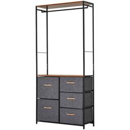 HOMCOM Chest of Drawers with Coat Rack Steel Frame 5 Drawers Black Brown