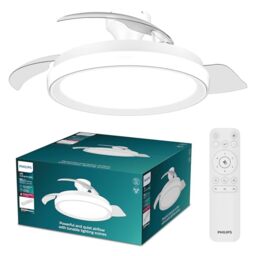 Philips Bliss Retractable-Blade Ceiling Fan with LED Light, 3 Blades, 106 cm Wingspan, 4500 Lumens, Tunable White Light from 3000 K to 6500 K, Dimmable to 5%, Remote Control Included, White