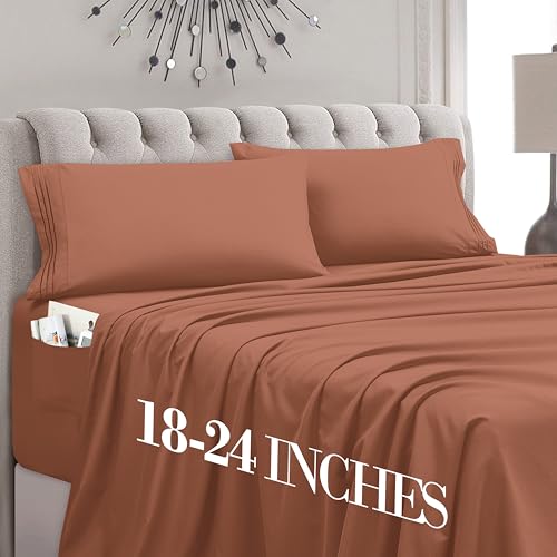Mocassi Queen Size 4-Piece Bed Sheet Set - 1800 Premium Hotel Quality Microfiber 18-24 Inches Extra Deep Pocket Fitted Sheet- Luxury Soft, Breathable, Wrinkle, and Fade Resistant, Coral
