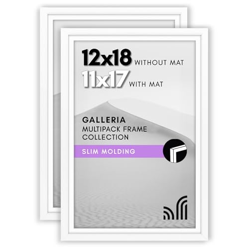 Americanflat 12x18 Poster Frame with Polished Plexiglass - Set of 2 - Use as 11x17 Frame with Mat or 12x18 Frame Without Mat - Galleria Collection - Photo Frames for Wall Display - White
