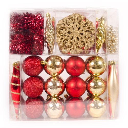 WeRChristmas 60-Piece Deluxe Variety Christmas Tree Baubles Decoration Pack with Tinsel and Beads, Red/Gold