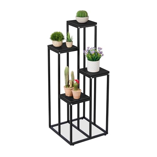 Relaxdays Plant Stand, Modern Pot Holder with 4 Tiers, 80x40x40 cm, Black Metal Frame, MDF Shelving Space-Saving, Black