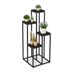 Relaxdays Plant Stand, Modern Pot Holder with 4 Tiers, 80x40x40 cm, Black Metal Frame, MDF Shelving Space-Saving, Black