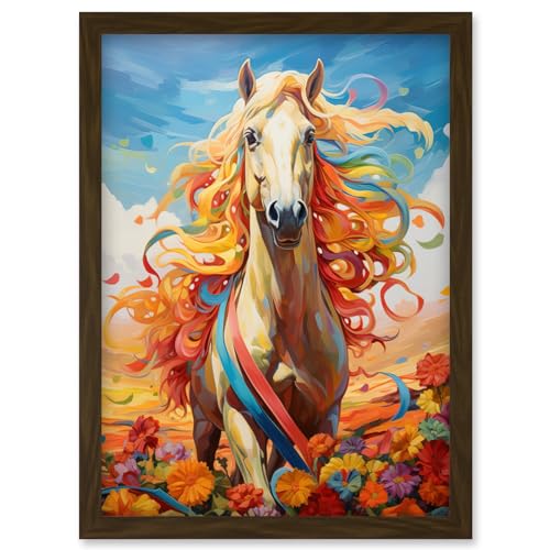 Artery8 Girls Bedroom Nursery Artwork Fantasy Horse Colourful Mane Bright Bold Fun Happy Artwork Framed Wall Art Print A4