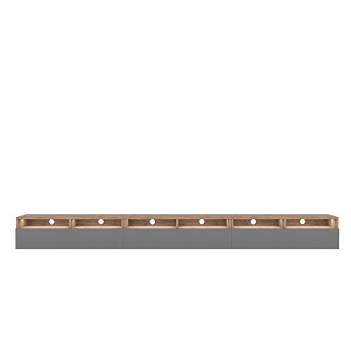 Selsey REDNAW - Modern TV Stand/TV Cabinet with 3 Drawers / 300 cm/Wotan Oak/Grey Gloss/LED lighting