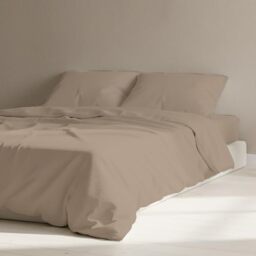 Certified Egyptian Cotton Rich Split King Fitted Sheets - Hotel Quality Crisp Percale Sheets, Skin Friendly & Breathable - Snug Fit Technology 4 Corner Straps for Zero Bunching - Taupe
