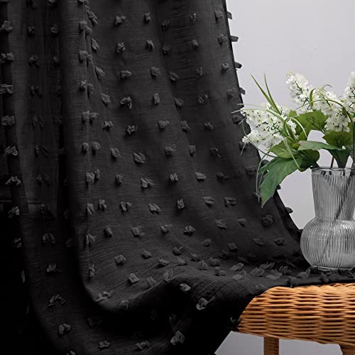 KOUFALL Black Sheer Curtains 90 Inches Long for Bedroom Boho Decor Set 2 Panels Rod Pocket Back Tab Semi Voile Modern Chic Fashion Elegant Pom Pom Lace Curtains for Girls Room Decoration Living Room