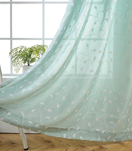 MIUCO Floral Embroidered Semi Sheer Curtains Linen Look Grommet Panels for Bedroom 52 x 95 Inch 2 Panels, Subtle Green