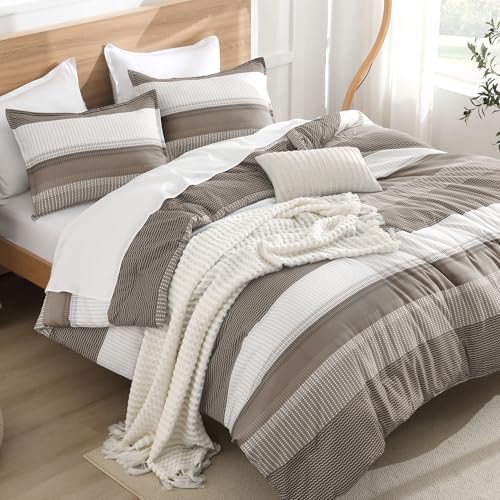 Litanika Comforter Set Full Size Hazel - 3 Pieces Lightweight Colorblock Stripe Fluffy Bedding Comforter Sets, All Season Bed Set