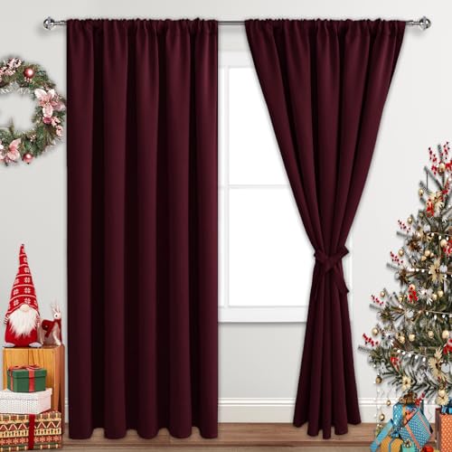 JIUZHEN Christmas Blackout Curtains for Bedroom - Thermal Insulated Room Darkening Noise Reducing, 70 x 84 Inch Length Curtains for Living Room, Set of 2 Panels with Tiebacks, Burgundy