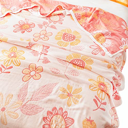MEJU Floral Pink Cute Girls All Season Muslin Blanket Throw for Bed Sofa Couch,100% Combed Cotton 4 Layer Soft Warm Quilt Throw Blanket Bedspread Bed Coverlet Flower Full Queen 80 in x 90 in