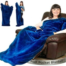 EzrAllora Fleece Lightweight Foot Pocket Blanket - Plush TV Throw Blanket - Birthday Gifts for Men Who Want Nothing for Dad - Patent Pending (Fleece, Velvet Blue)