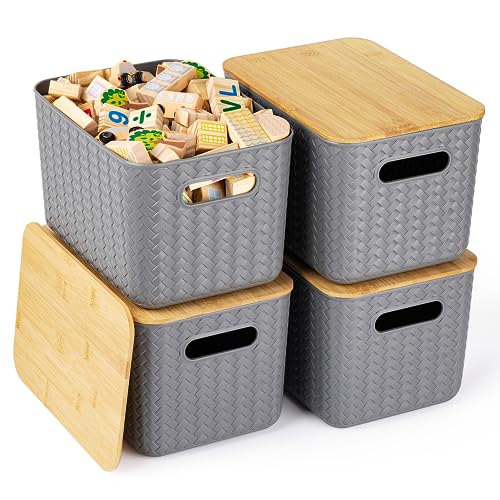 Ohmlove 4 Packs Storage Bins with Bamboo Lids - Plastic Storage Containers with Lids Stackable Storage Box???Storage Baskets for Organizing Desktop Closet Playroom Classroom Office, Gray