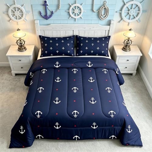 Castle Fairy Anchor Comforter Set Twin,Nautical Themed Bedding Set 2pcs for Kids Teens Boys Room Decor,Lovely Small Heart Bedding Comforter Navy Blue Microfiber Down Comforter with 1 Pillowcase