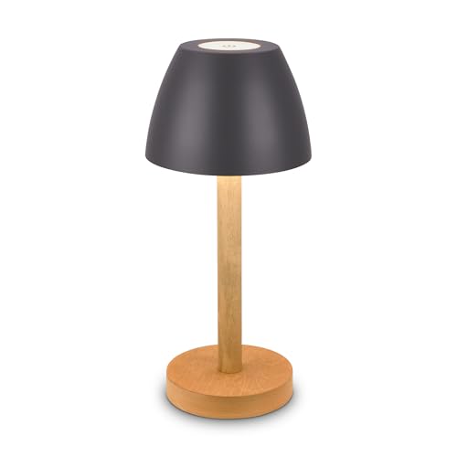 BRILONER - Rechargeable LED Table Lamp IP44 with Touch, Dimmable, Replaceable Battery, LED Light, Bedside Lamp, Cordless, 13.5X30cm, Anthracite Wood