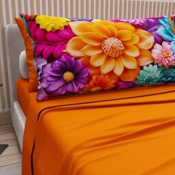 PETTI Artigiani Italiani - Cotton Sheets with Pillowcases in Digital Print, French Quarter, Complete Top and Bottom Sheet with Corners, Floral 05 12 Orange, 100% Made in Italy
