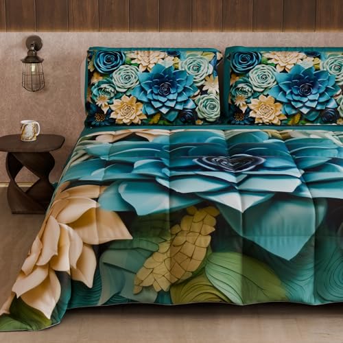 PETTI Artigiani Italiani - Winter Quilt, Winter Duvet, Double Sided Single Quilt Solid Colour and Digital Floral Print 05 15, 100% Microfibre, Made in Italy