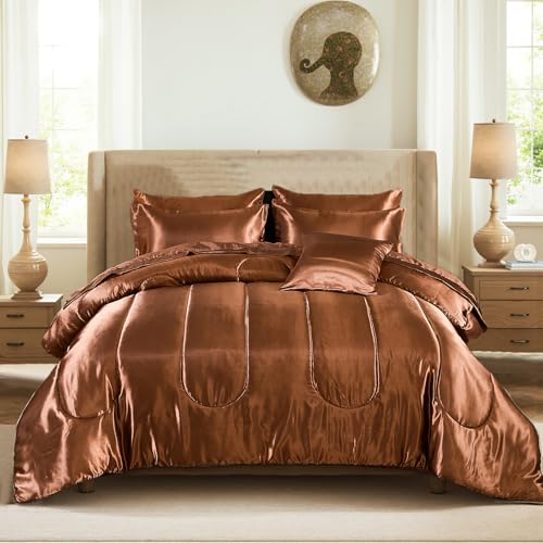 Satin Comforter Set with Coffee Sheet Set King Size 8 Pcs Brown Bedding Set Silky Bed-in-a-Bag Luxury Hotel Soft Silk Like Satin Comforter Set with 1 Cushion Cover Silky Bed Set