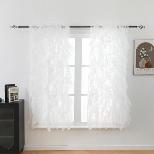 "Seibeh Tex Cascade Shabby Chic Sheer Voile Vertical Ruffled Waterfall Window Curtain Panel 2 Panels (White, 50""??63"")??"