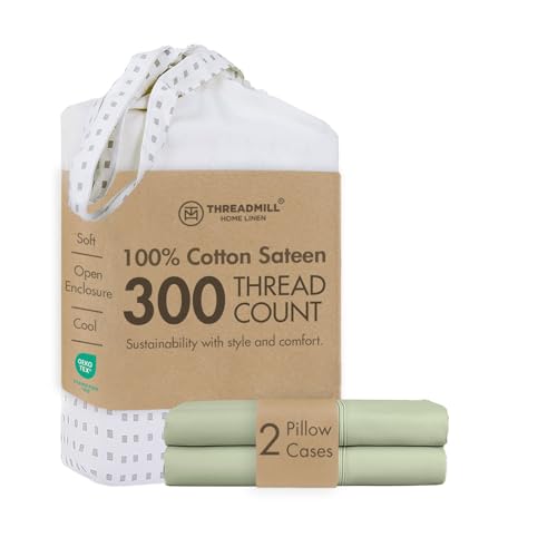 Threadmill Home Linen 300 Thread Count 100% Cotton Sheets Set of 2 King Pillow Cases, Luxury Smooth Solid Sateen, Sage